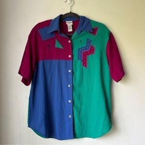 Vintage 90s Koret Colorblock Embroidered Short Sleeve Button Front Shirt S